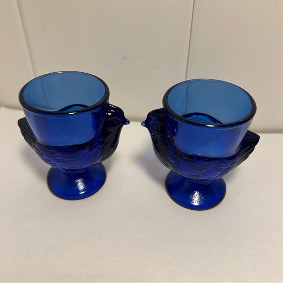 Arcoroc France Vintage Cobalt  Blue Glass Chicken Egg Cup Holders Hen On Nest 2 - Picture 11 of 16